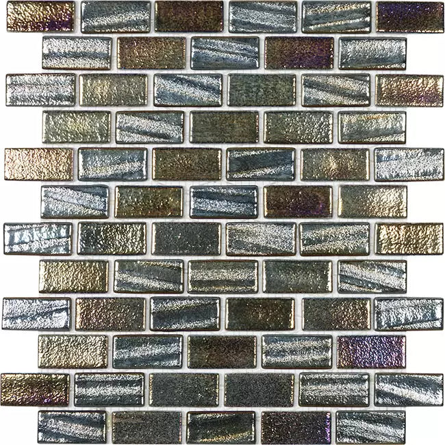 Modern FUSION BLK 1X2 Staggered Aqua Black Glossy Glass - Mosaic Tile