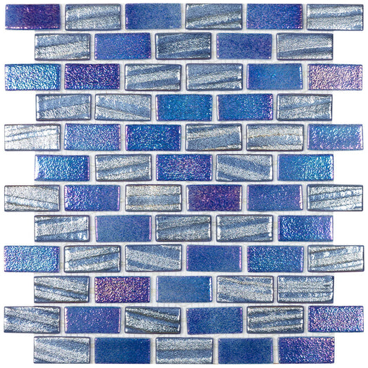 Modern FUSION DKBL 1X2 Staggered Aqua Navy Blue Glossy Glass - 555 Mosaic Tile