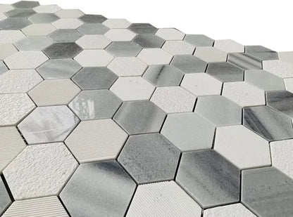 MODERN 3" WHITE GRAY STACKED HEXAGON POLISHED HONED MARBLE MOSAIC TILE