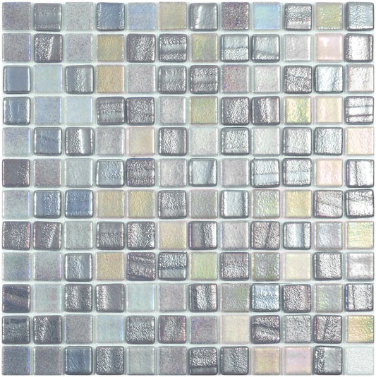 Modern 1X1 Squares FUSION SILVER Aqua Silver Glossy Glass - Mosaic Tile