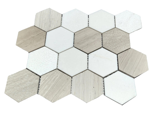 MODERN 3" WHITE BROWN GRAY STACKED HEXAGON POLISHED HONED MARBLE MOSAIC TILE