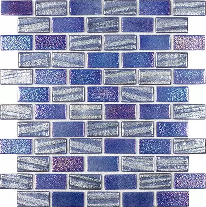 Modern 1X2 Rectangles Fusion Dark Blue Glossy Glass Mosaic Tile - B2C TILE OUTLET