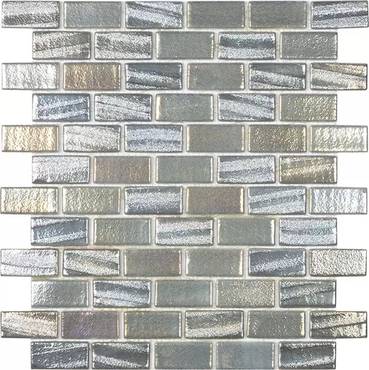 Modern 1X2 Squares FUSION GRY 1X2 Staggered Aqua Grey Glossy Glass - Mosaic Tile