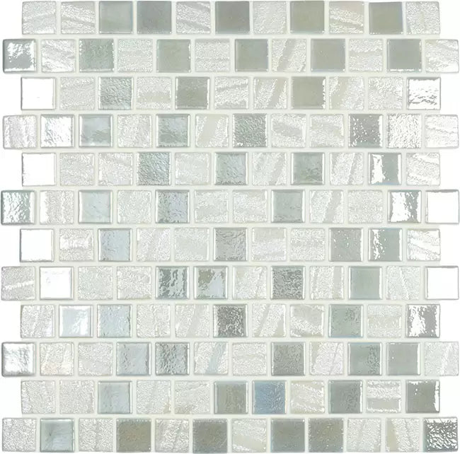 Modern 1X1 Squares FUSION PEARL T Staggered Aqua White Glossy Glass - Mosaic Tile