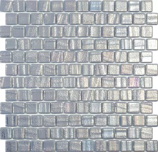 Modern 1X1 Squares FUSION SILVER T Staggered Aqua Silver Glossy Glass - Mosaic Tile