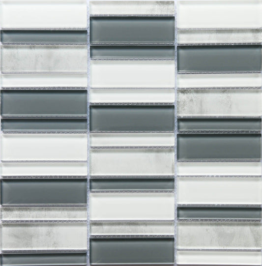 Modern White Silver Gray Linear Stacked Glass Mosaic Tile B2C-LAVISI1212MO