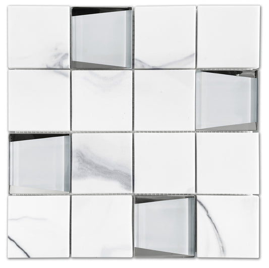 Modern 3X3 White Sqaures Glossy Recycled Glass Mosaic Tile B2C-LAMOWH1212MO3